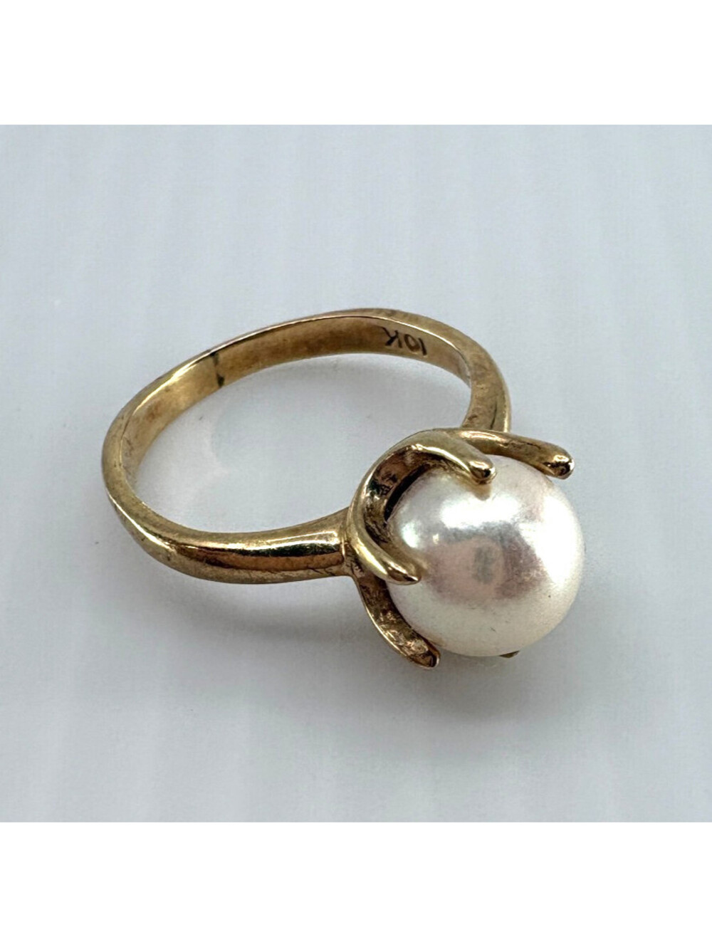 10K Yellow Gold Ring White Pearl-Look Solitaire Prong Set Jewelry
